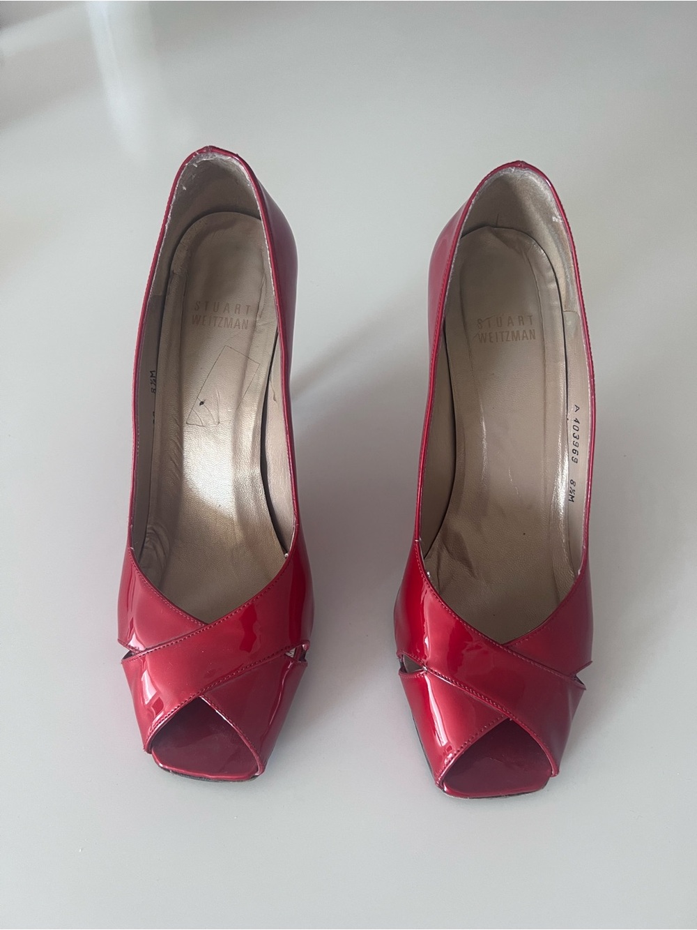 Stuart Weitzman Red Patent Peep-Toe Heels